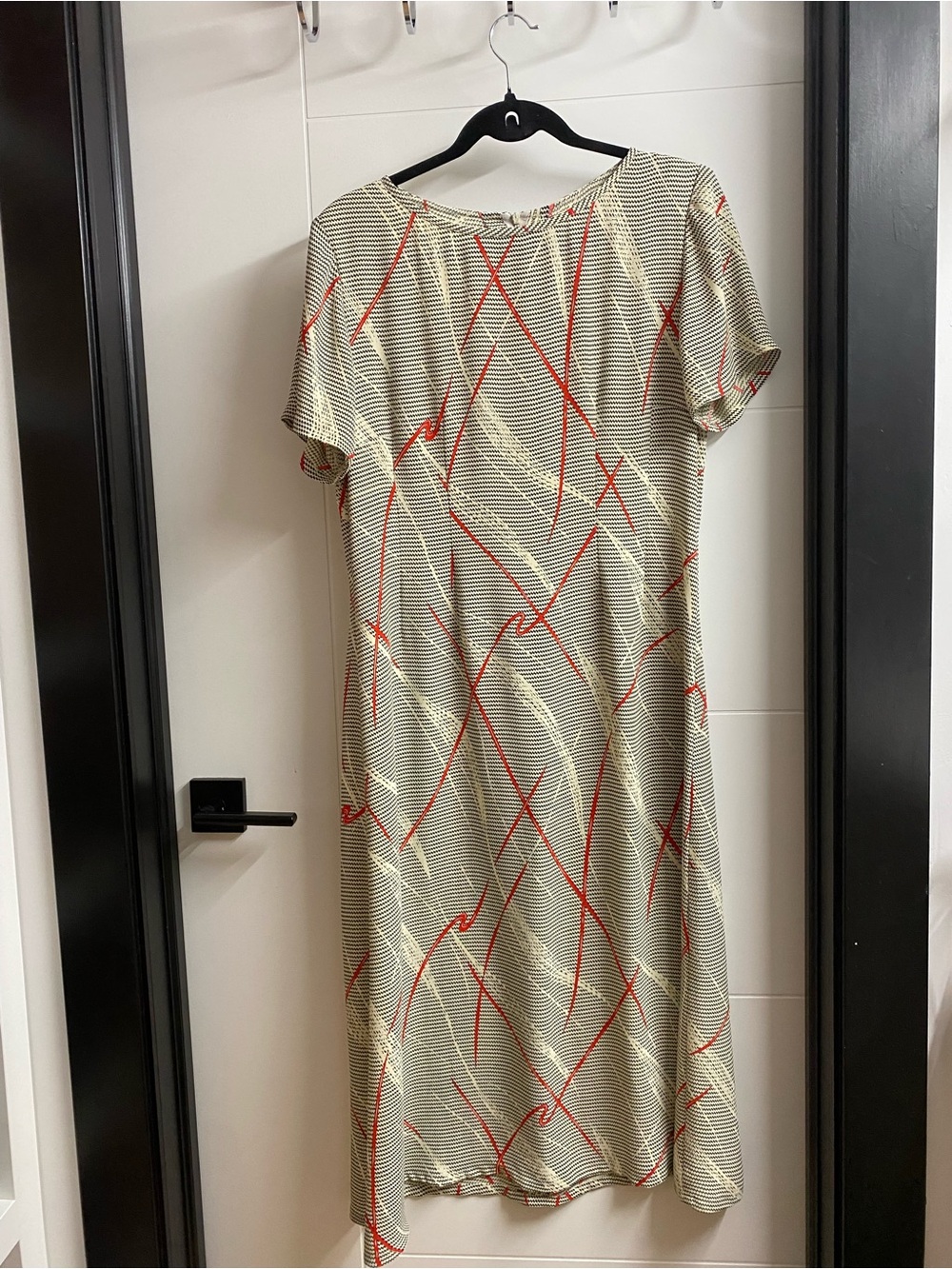 Women's Cream Striped Shift Dress with Red Accent
